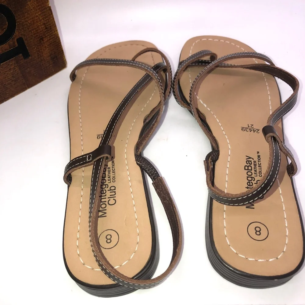 Montego Bay Club Brown Leather Flat Strappy Thong Toe Sandals Size 8 - Picture 9 of 13